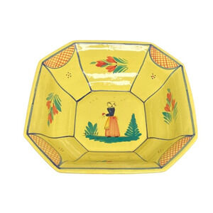 HB Quimper, Soleil Yellow Bretonne Woman Square Deep Serving Bowl France Signed